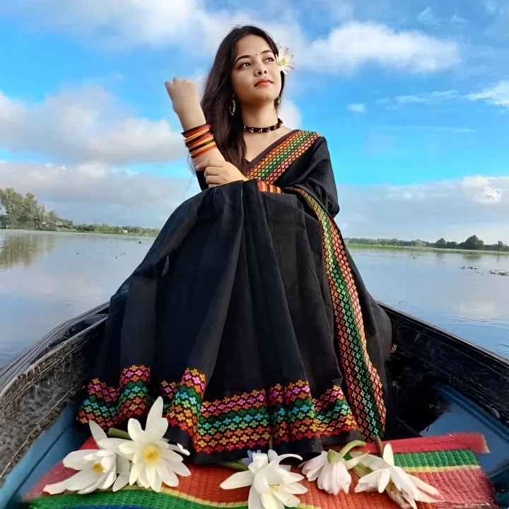 Tangail Tan Half-Silk Nokshi Saree – Black and Blue, All Seasons